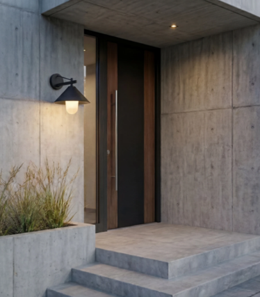 Aplique de exterior negro con luz cálida junto a una puerta de entrada de madera en una fachada de hormigón.