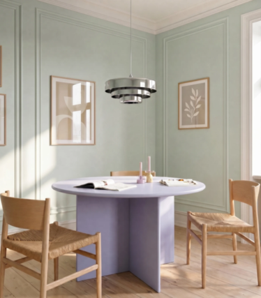Mesa de comedor redonda lila con base triangular bajo una lámpara colgante plateada de varios niveles en una habitación verde pastel.
