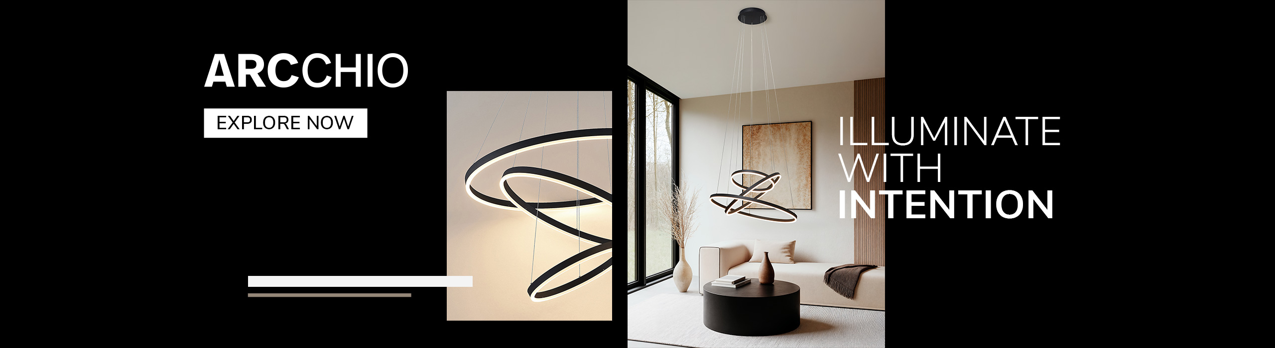 Explore now "Modern Arcchio pendant light with sculptural ring design illuminating a minimalist living room, featuring text ‘Illuminate with Intention’ and ‘Explore Now’.