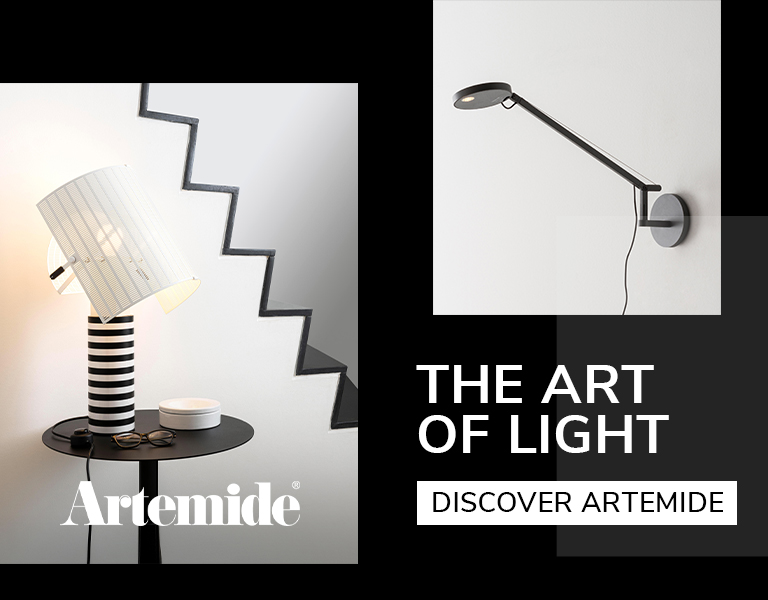 Artemide designer lamps including a striped table lamp with a tilted shade and a sleek wall-mounted light, emphasizing artistic modern lighting