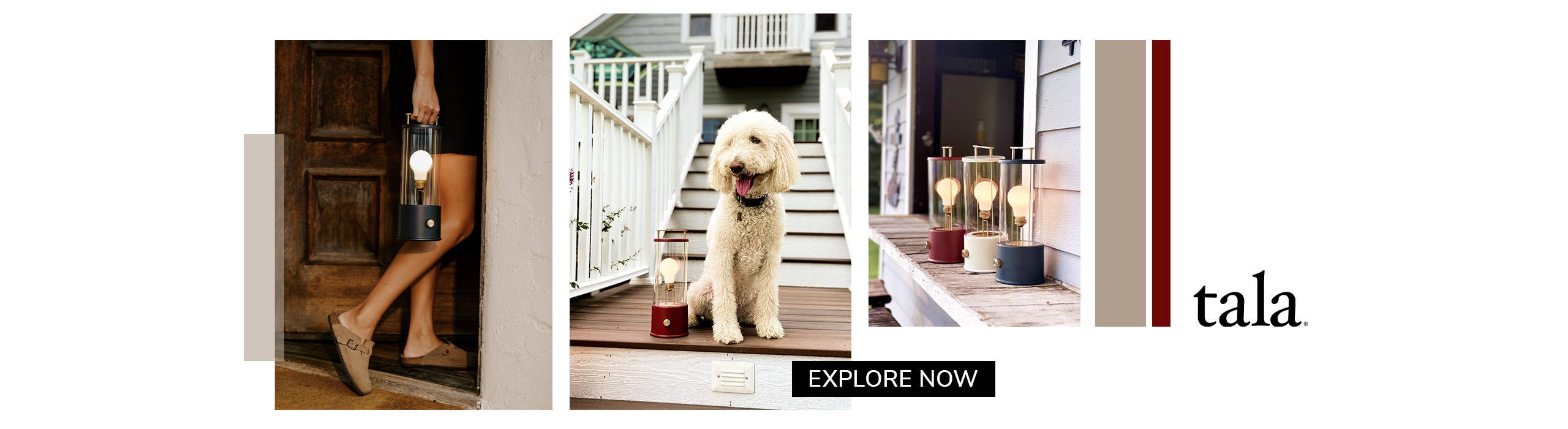 Stylish portable lamps by Tala shown in outdoor settings, featuring a person carrying one, a dog beside another, and a trio displayed on a porch railing.