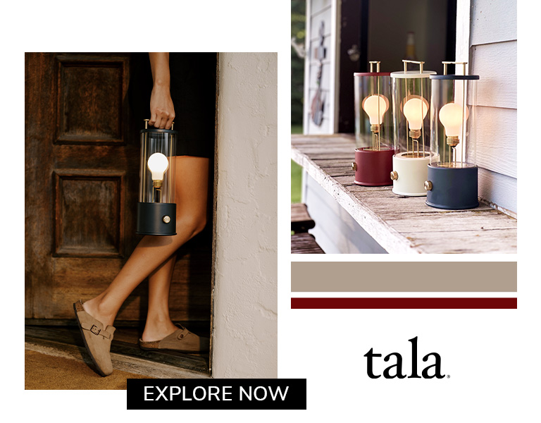 Stylish portable lamps by Tala shown in outdoor settings, featuring a person carrying one, a dog beside another, and a trio displayed on a porch railing.