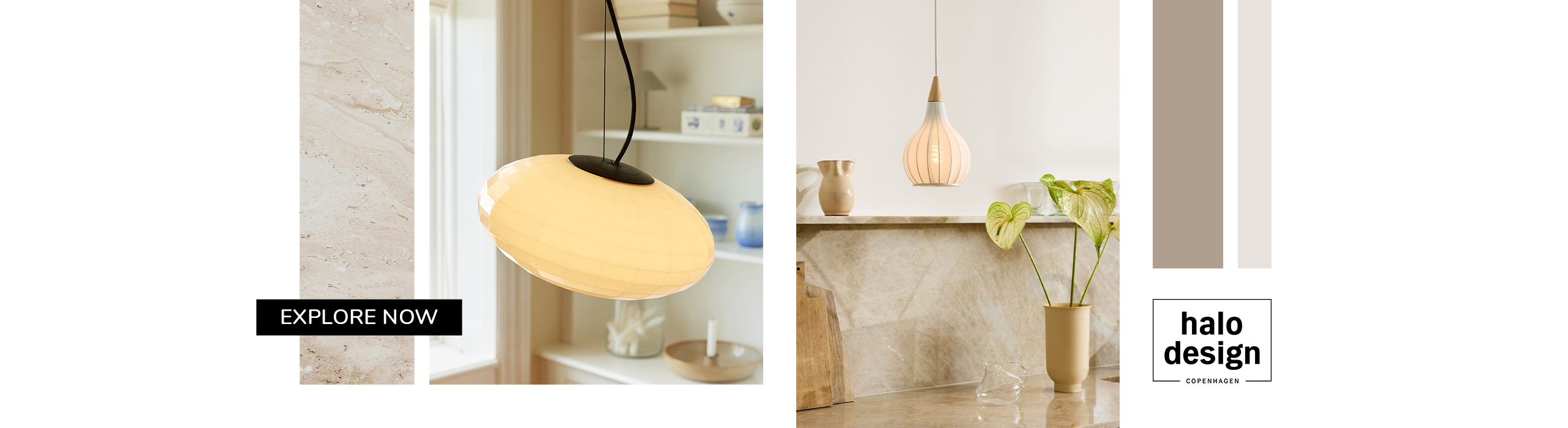 Elegant pendant lamps by Halo Design Copenhagen showcased in cozy, modern interior settings with natural tones and minimalist decor.