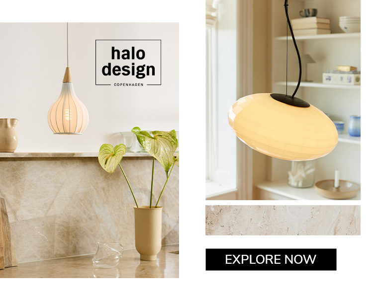 Elegant pendant lamps by Halo Design Copenhagen showcased in cozy, modern interior settings with natural tones and minimalist decor.