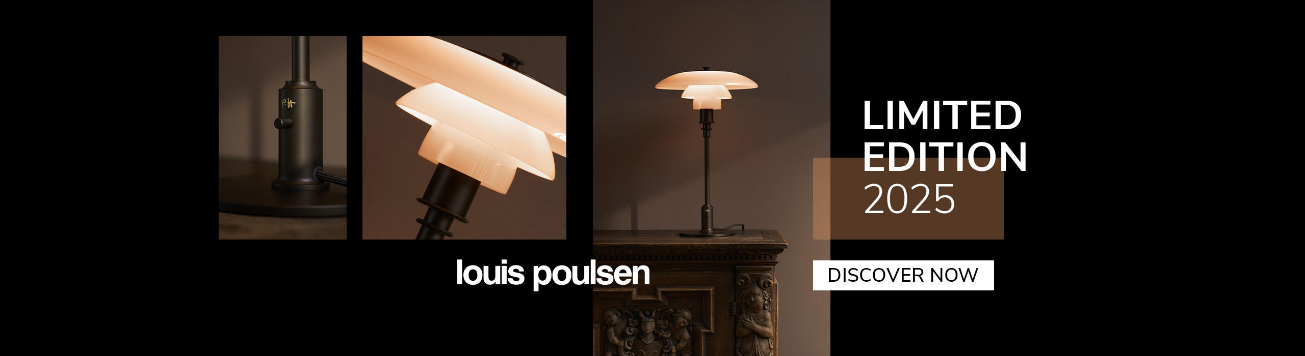 Louis Poulsen limited-edition 2025 table lamp in warm ambient lighting, displayed on a carved wooden cabinet with product close-up details