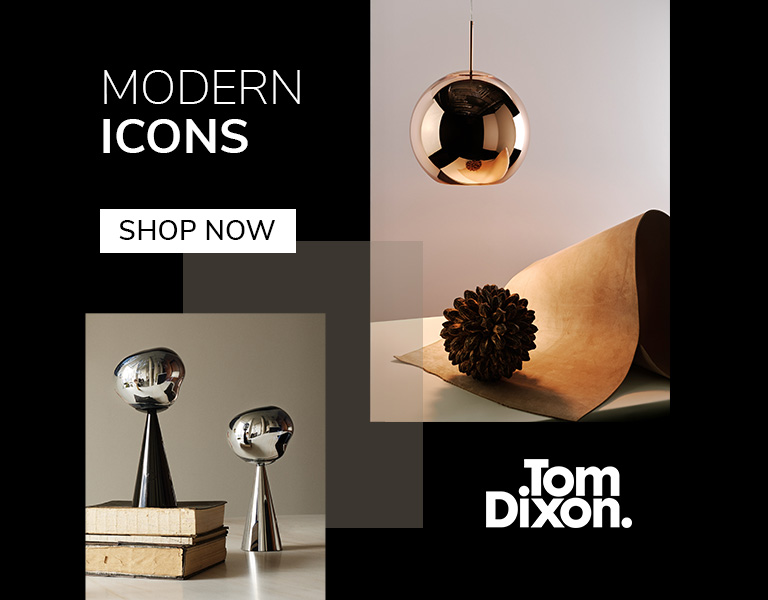 Tom Dixon metallic lighting and sculptural objects, including a copper pendant and chrome table lights, displayed on neutral surfaces. Text reads: ‘Modern Icons. Shop Now. Tom Dixon.’